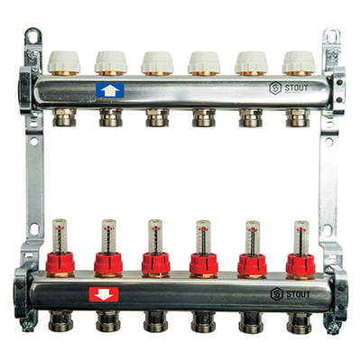Коллекторная группа STOUT - 1" на 7 контуров 3/4" (расходомеры, клапананы, сливные краны)