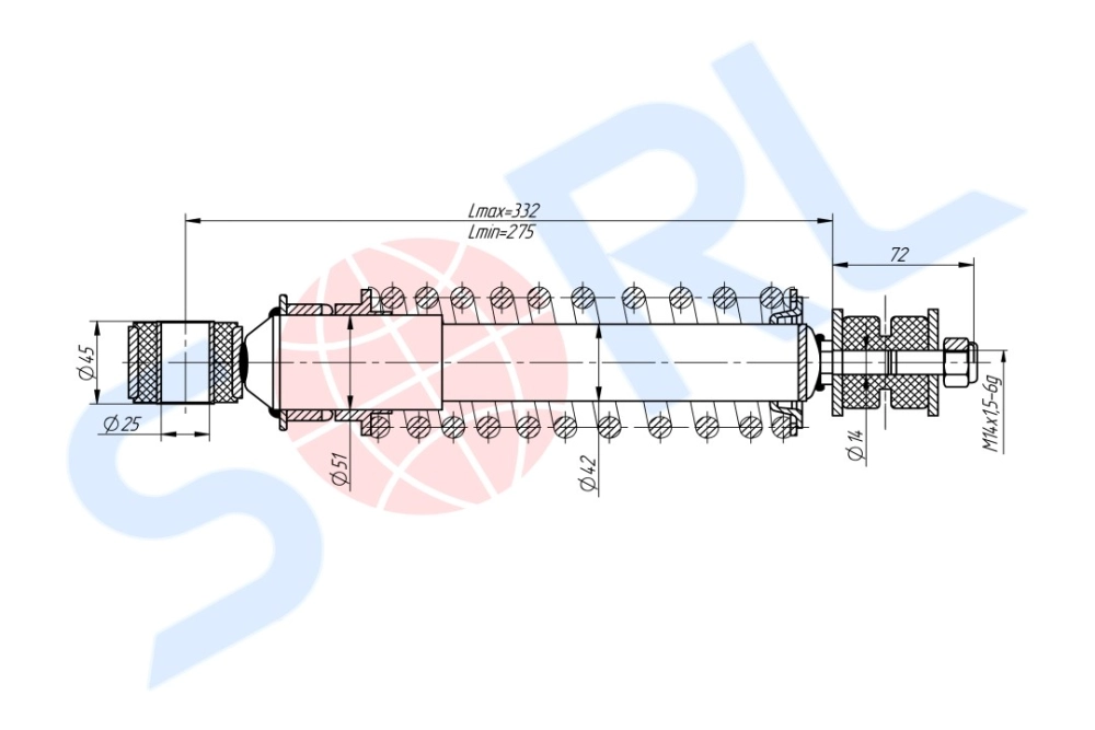 Амортизатор кабины пружинный 275/332, I/O, 14x72/25x45 DAF (4386041720) SORL