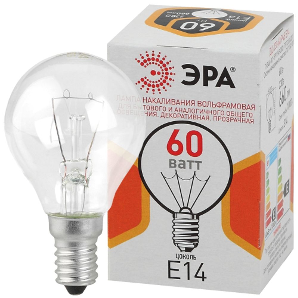 Лампочка ЭРА P45 60Вт Е14 / E14 230В шар прозрачный цветная упаковка | Лампы накаливания Шар (G/P)