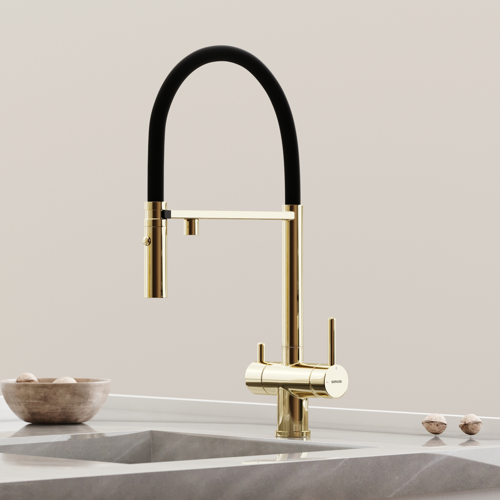 Смеситель для кухни Sancos Imola с краном для фильтра и гибким изливом, полированное золото, SC4010ZG
