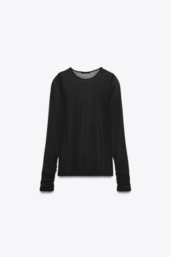 ZARA ПОЛУПРОЗРАЧНАЯ ФУТБОЛКА СО СБОРКАМИ, ЧЕРНЫЙ