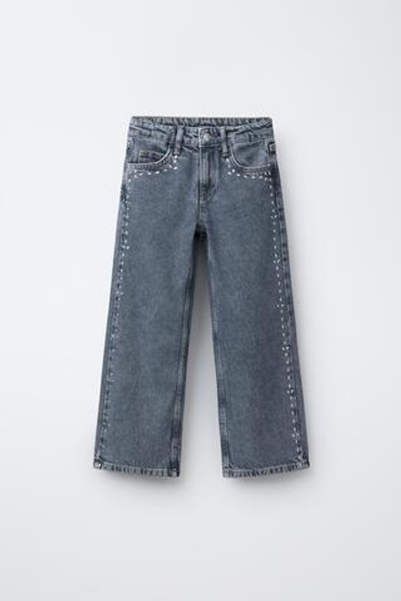 ZARA ДЖИНСЫ WIDE LEG С ЗАКЛЕПКАМИ, СИНИЙ МЕЛАНЖ