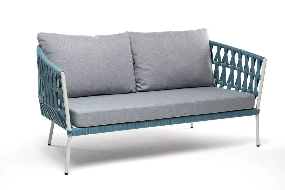 "Диего" диван 2-местный плетеный из роупа, каркас алюминий светло-серый (RAL7035) муар, роуп бирюзовый круглый, ткань светло-серая