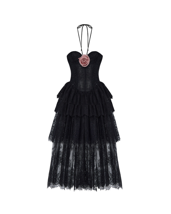 Платье миди корсетное из кружева с цветком