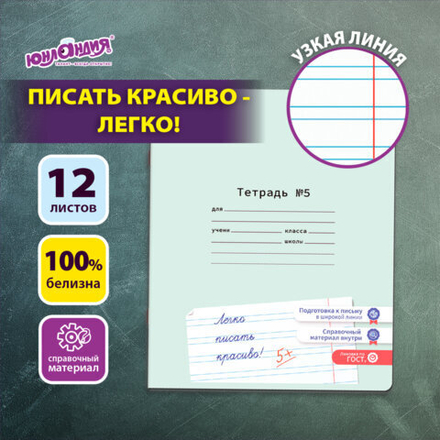 Тетрадь УЧУСЬ ПИСАТЬ № 5 12 л. узкая линия, со справочным материалом, обложка картон, ЮНЛАНДИЯ, 404850, 20шт