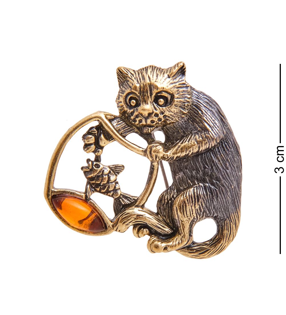 AM-3461 Брошь «Кот с рыбкой» (латунь, янтарь)