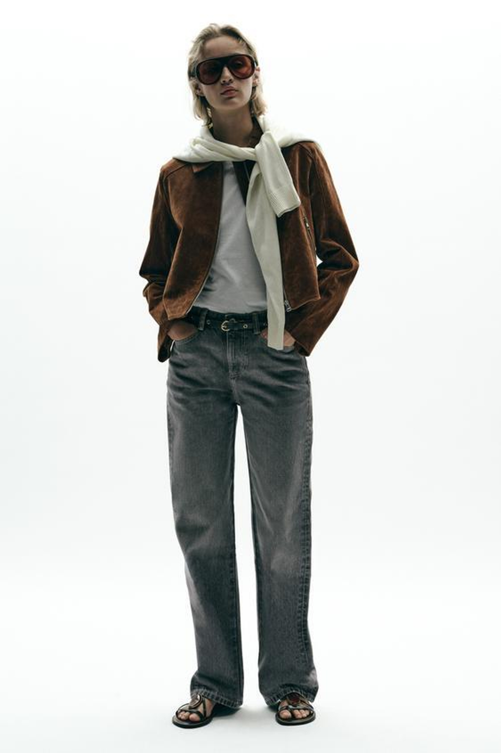 ZARA ДЖИНСЫ Z1975 REGULAR FIT С ВЫСОКОЙ ПОСАДКОЙ И РЕМНЕМ, СЕРЫЙ