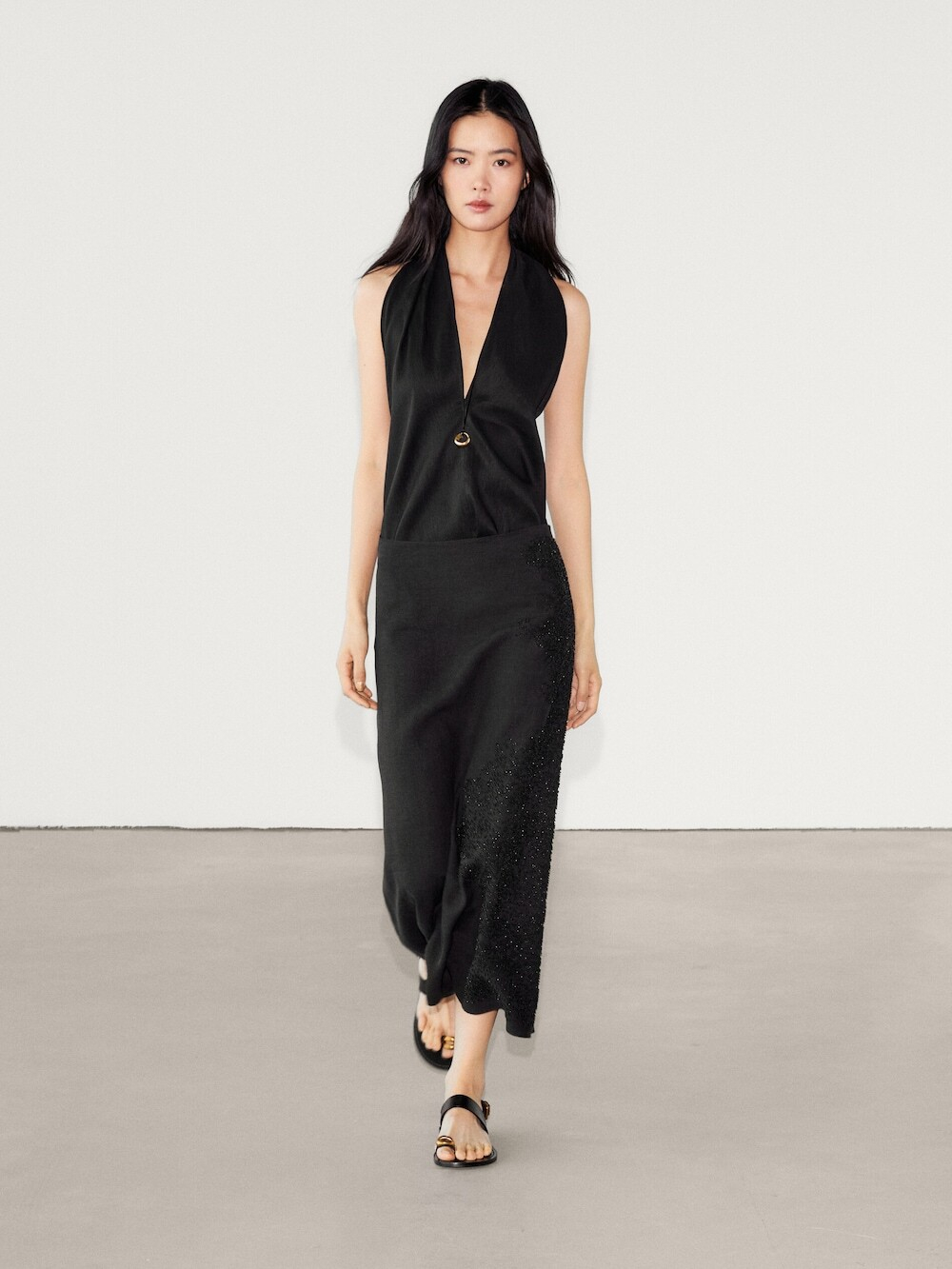 Massimo Dutti Топ с V-образным вырезом и горловиной халтер, черный