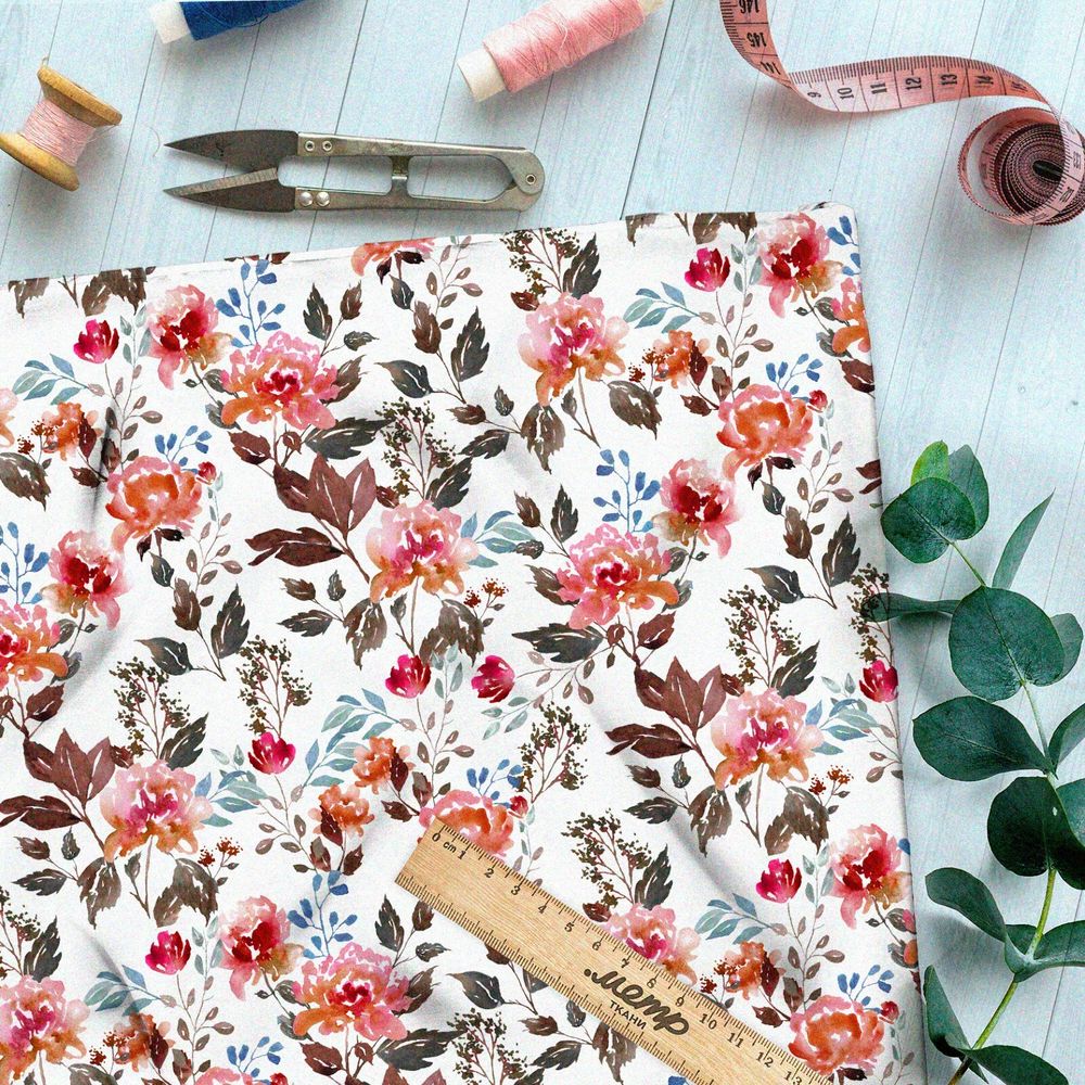 Ткань саржа акварельные розы и коричневые листья