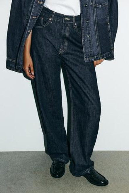 ZARA ПРЯМЫЕ ДЖИНСЫ TRF С ВЫСОКОЙ ПОСАДКОЙ И ХЛЯСТИКОМ, ТЕМНЫЙ ИНДИГО