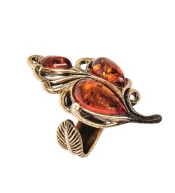 AM-2430 Кольцо «Винтажный лист» (латунь, янтарь)