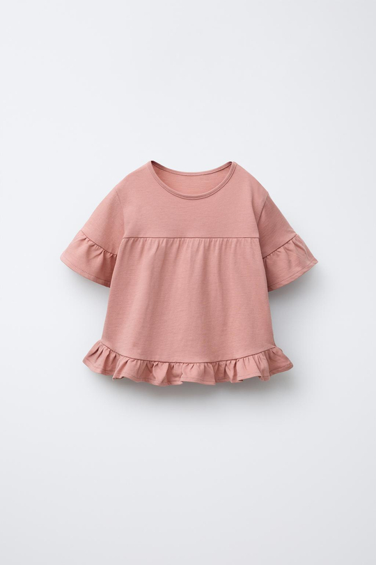 ZARA ОДНОТОННАЯ ФУТБОЛКА С ВОЛАНАМИ, ТЕРРАКОТОВЫЙ