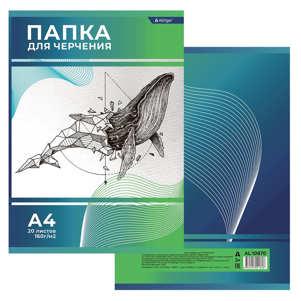 Папка для черчения А4 20л., Alingar, без рамки, целлюлозный картон, 160г/м2, "Кит"