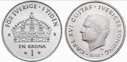 Швеция 1 крона, 2002 Король Карл XVI Густав аUNC