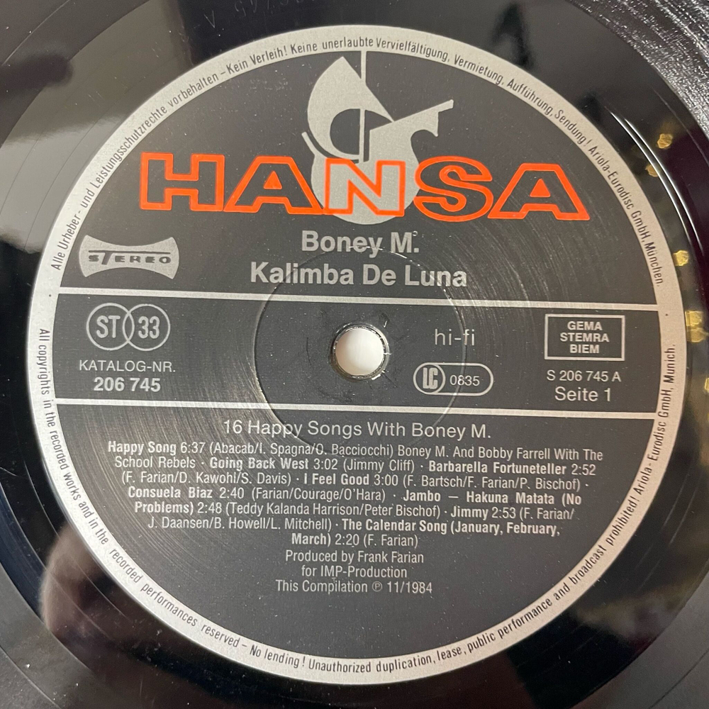 Винтажная виниловая пластинка LP Boney M. Kalimba De Luna 16 Happy Songs (Germany 1984)