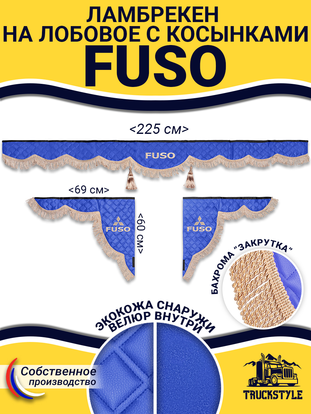 Ламбрекен с косынками стеганые Fuso (экокожа, синий, бежевая бахрома "закрутка")