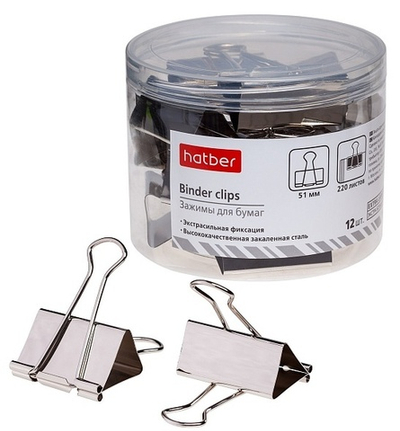 Набор Зажимы для бумаг Hatber Binder clips, 51 мм, серебристый, металл, 12 шт