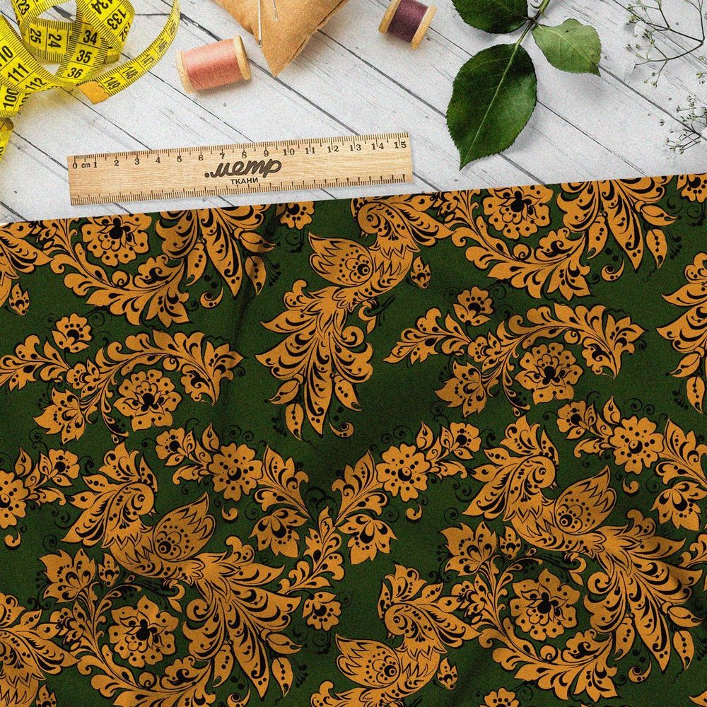Ткань блэкаут золотистая роспись с цветами