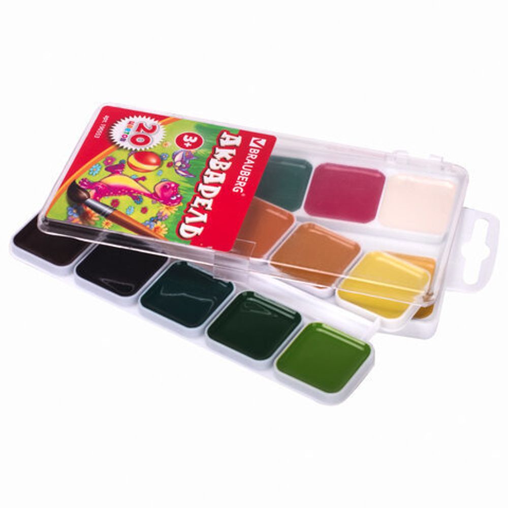 Краски акварельные BRAUBERG "АКАДЕМИЯ", 20 цветов, медовые, квадратные кюветы, пластиковый пенал, 190553