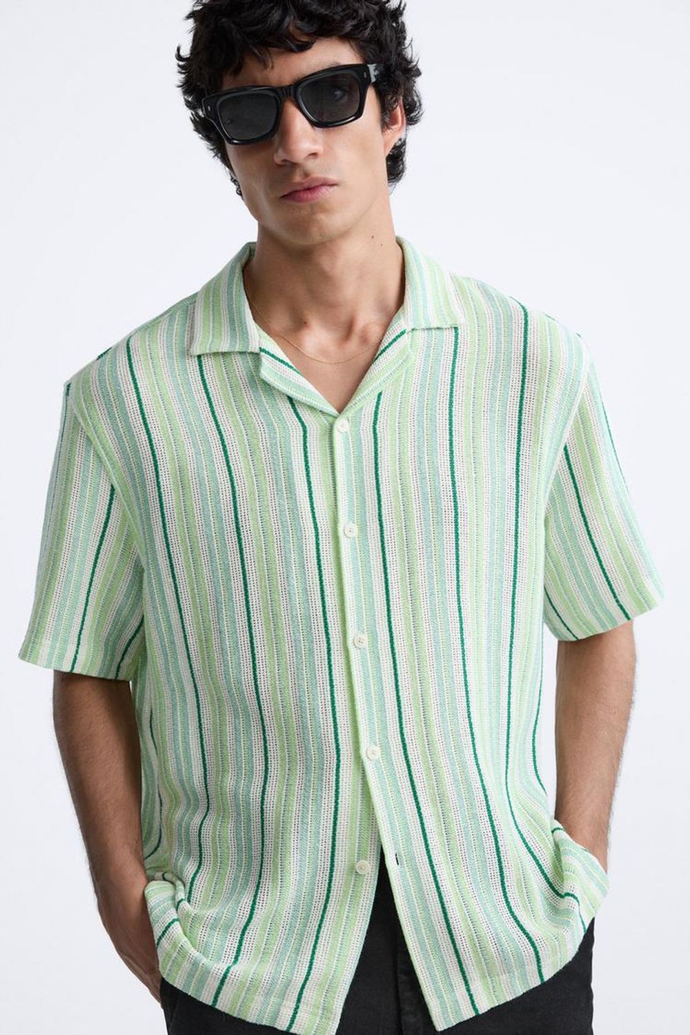 ZARA РУБАШКА ИЗ РЕЛЬЕФНОЙ ТКАНИ В ПОЛОСКУ, ЗЕЛЕНЫЙ/ЭКРЮ