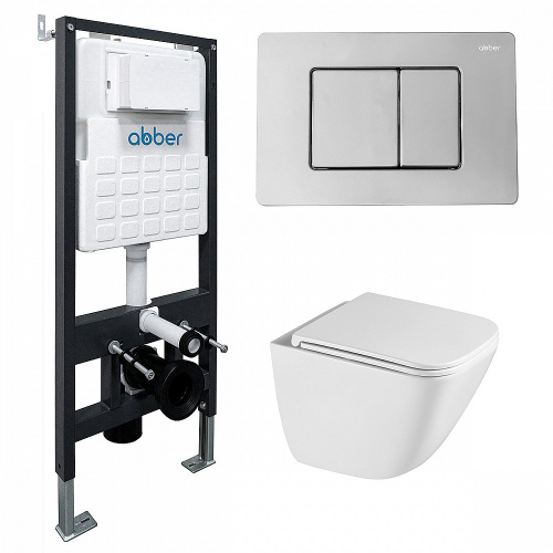 Унитаз подвесной ABBER Rechteck AC1220TC-AC0105-AC0120 белый/кнопка хром глянцевый, с крышкой микролифт, с инсталляцией, безободковый, слив-торнадо