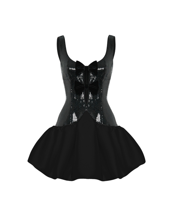 Платье мини из атласа и пайеток с декоративными элементами