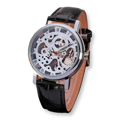 Часы наручные механические скелетоны на кожаном ремешке, серебристый/черный W9022140-02