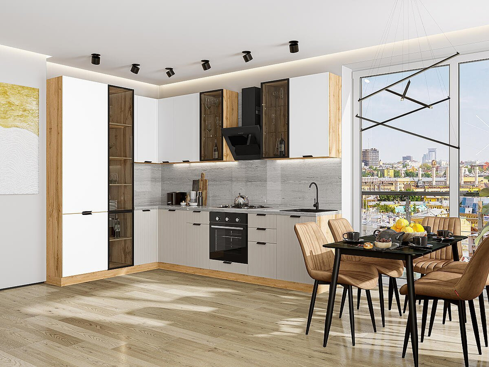 Прямая модульная кухня Евро Лайн-07 Белый/Агат - Дуб Вотан 2340*2000/3000*600