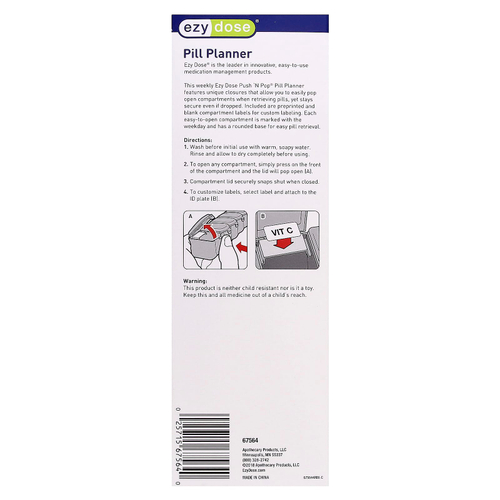 Ezy Dose, Push 'N Pop, еженедельный органайзер для таблеток с этикетками, 2XL, 1 шт.