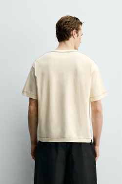 ZARA ФУТБОЛКА RELAXED FIT С ВЫШИТОЙ НАДПИСЬЮ, БЕЖЕВЫЙ