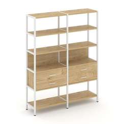 Shelf System Двухсекционный стеллаж пятиярусный с ящиками SN.STM-522 Тиквуд Светлый/Металл Белый 159