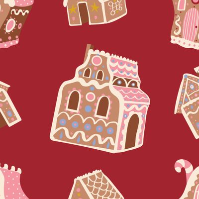 Новогодние пряничные домики на красном фоне. Рождество. Christmas gingerbread houses