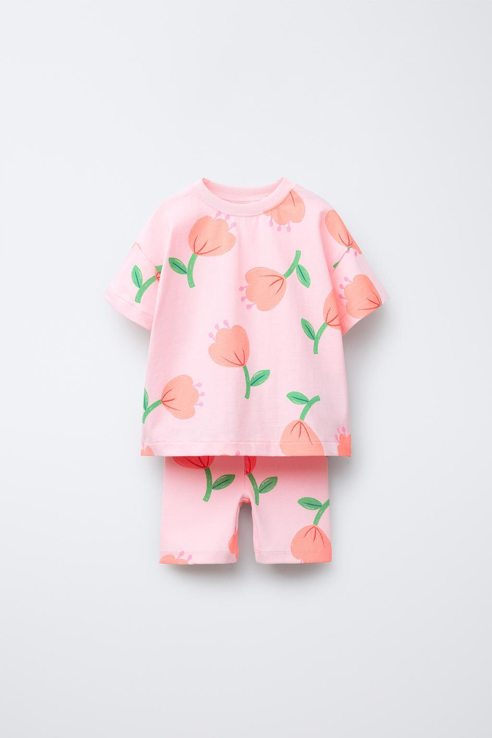 ZARA КОМПЛЕКТ ИЗ ФУТБОЛКИ И ВЕЛОСИПЕДОК С ПРИНТОМ, СВЕТЛО-РОЗОВЫЙ