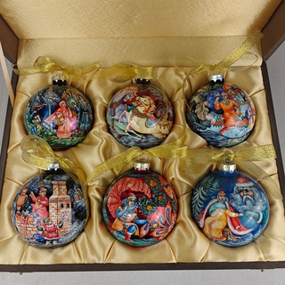 Сувенирный набор из 6-ти коллекционных ёлочных шаров " Сказки" с ручной росписью Палех