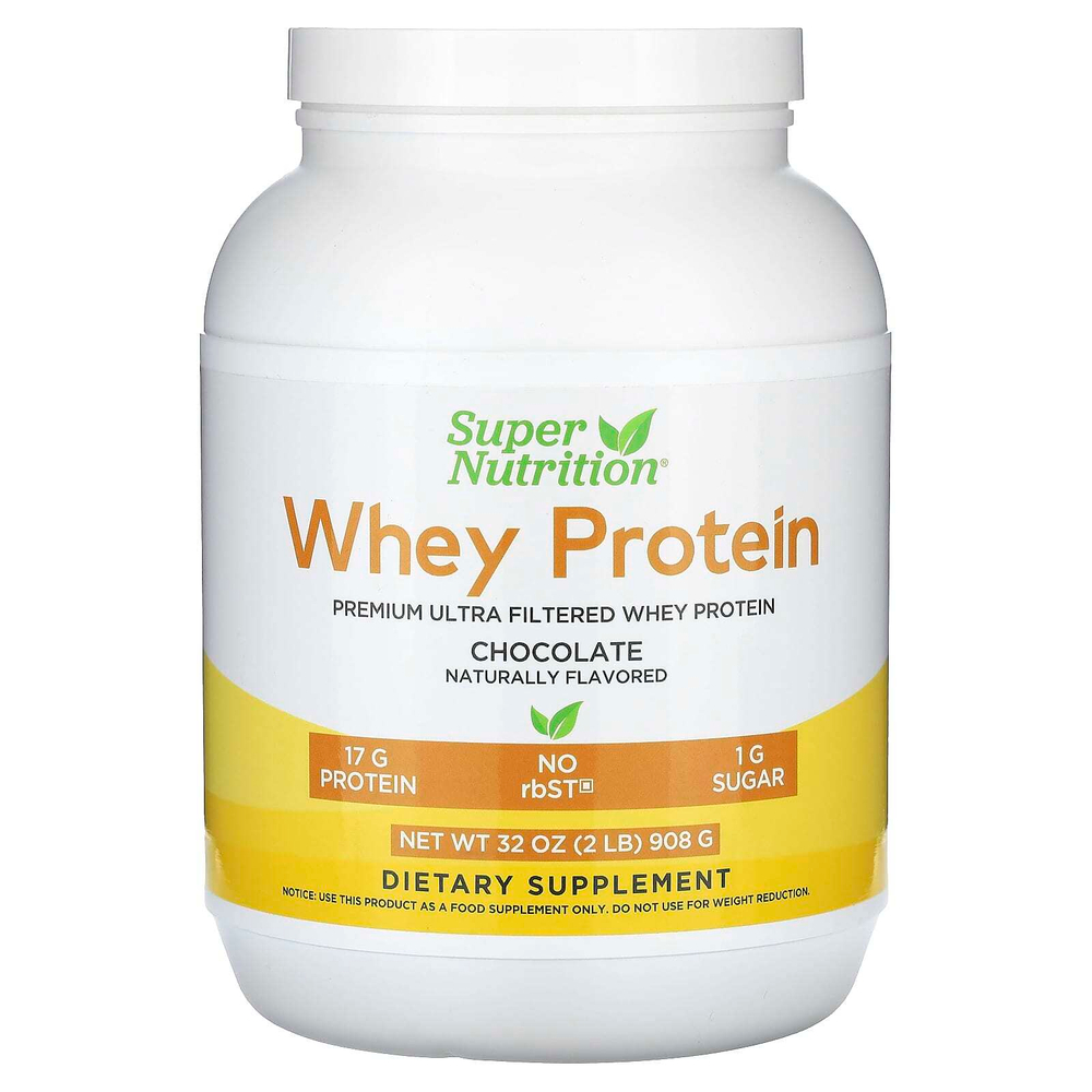 Super Nutrition, порошок из ультрафильтрованного сывороточного протеина с порошком какао, экстрактом листьев стевии, экстрактом архата и подсолнечным лецитином, без ГМО и р-БСТ, со вкусом шоколада, 908 г (2 фунта)