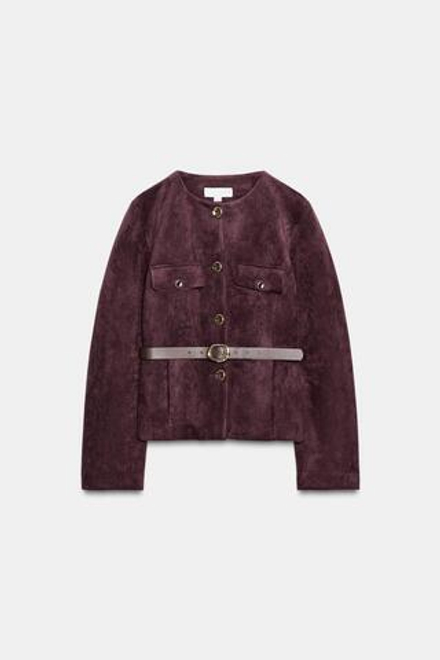 ZARA БЛЕЙЗЕР ИЗ ИСКУССТВЕННОЙ ЗАМШИ С ПОЯСОМ, БУРГУНДИ