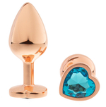 Золотистая анальная пробка OYO с голубым кристаллом-сердцем - 7,3 см. (Цвет: голубой)