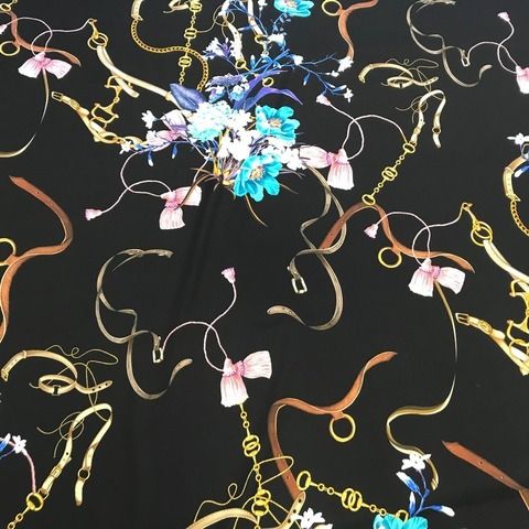 Ткань шелк  матовый с эластаном черный с цветами и ремнями 1086