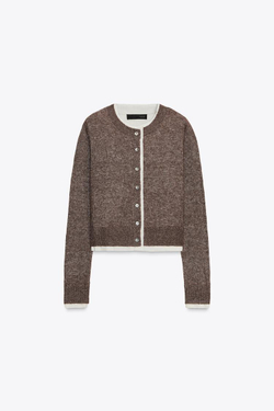 ZARA КАРДИГАН СО СТАВКАМИ ИЗ КОНТРАСТНОЙ ТКАНИ, СЕРО-КОРИЧНЕВЫЙ