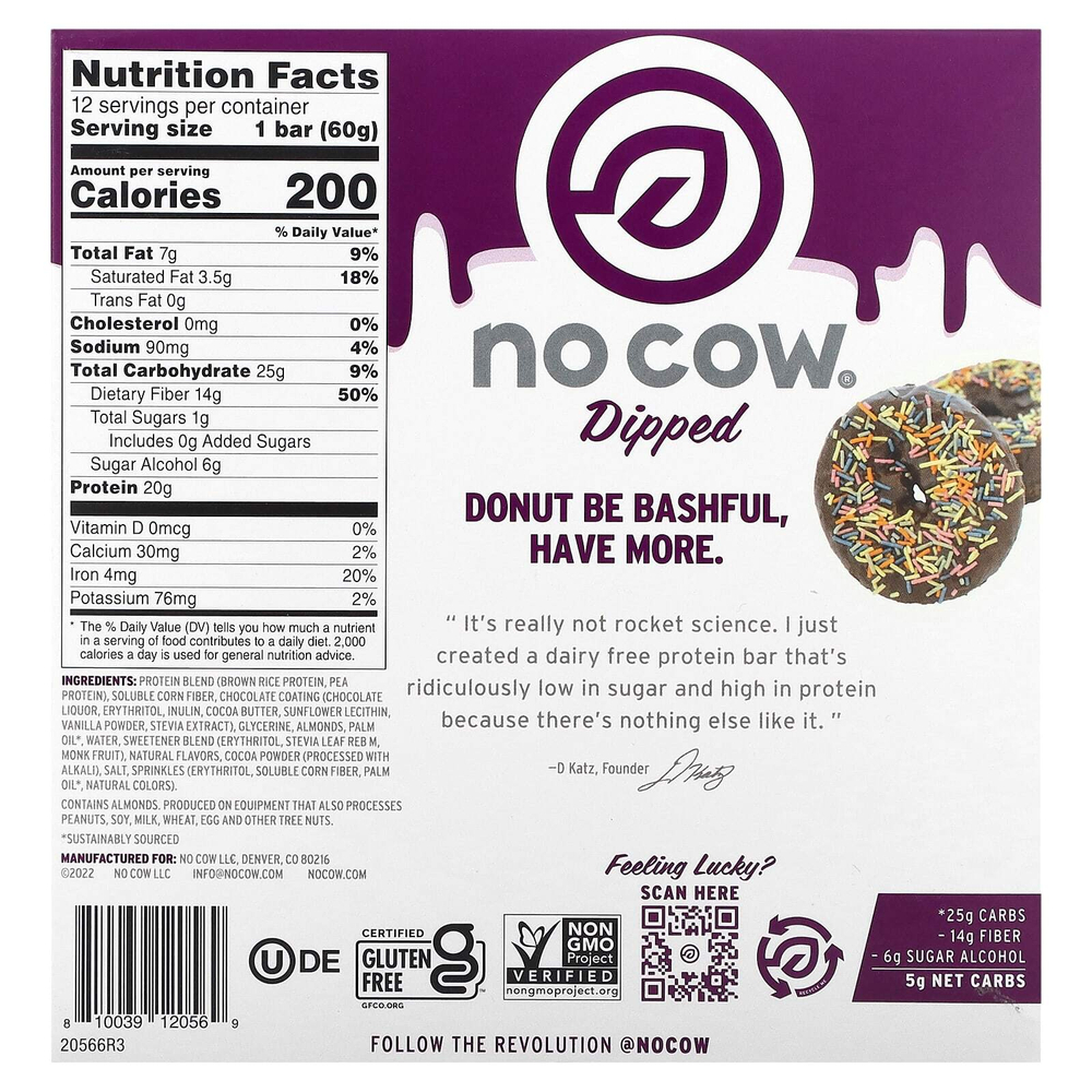 No Cow, протеиновый батончик, со вкусом пончика в шоколаде с посыпкой, 12 шт. по 60 г (2,12 унции)