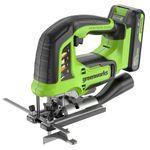 Лобзик акк. Greenworks GD24JS120, 24V, б/щет, 120 мм, 0-3500/мин, 4-ст.маятник, алю.подошва,LED,1х2Ач,ЗУ,кор (3601407CUA)