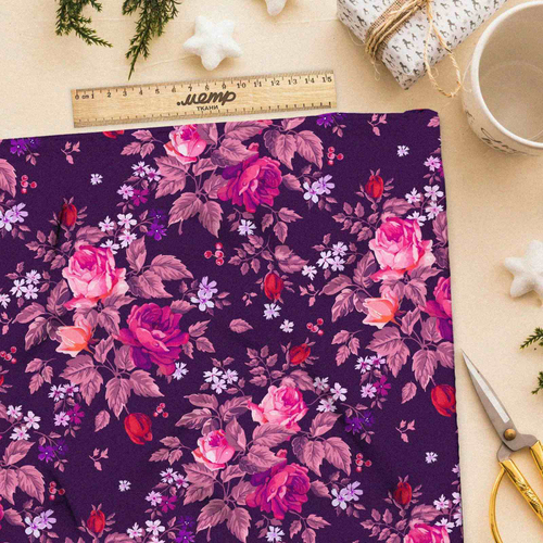 Ткань таффета фиолетовые розы на фиолетовом