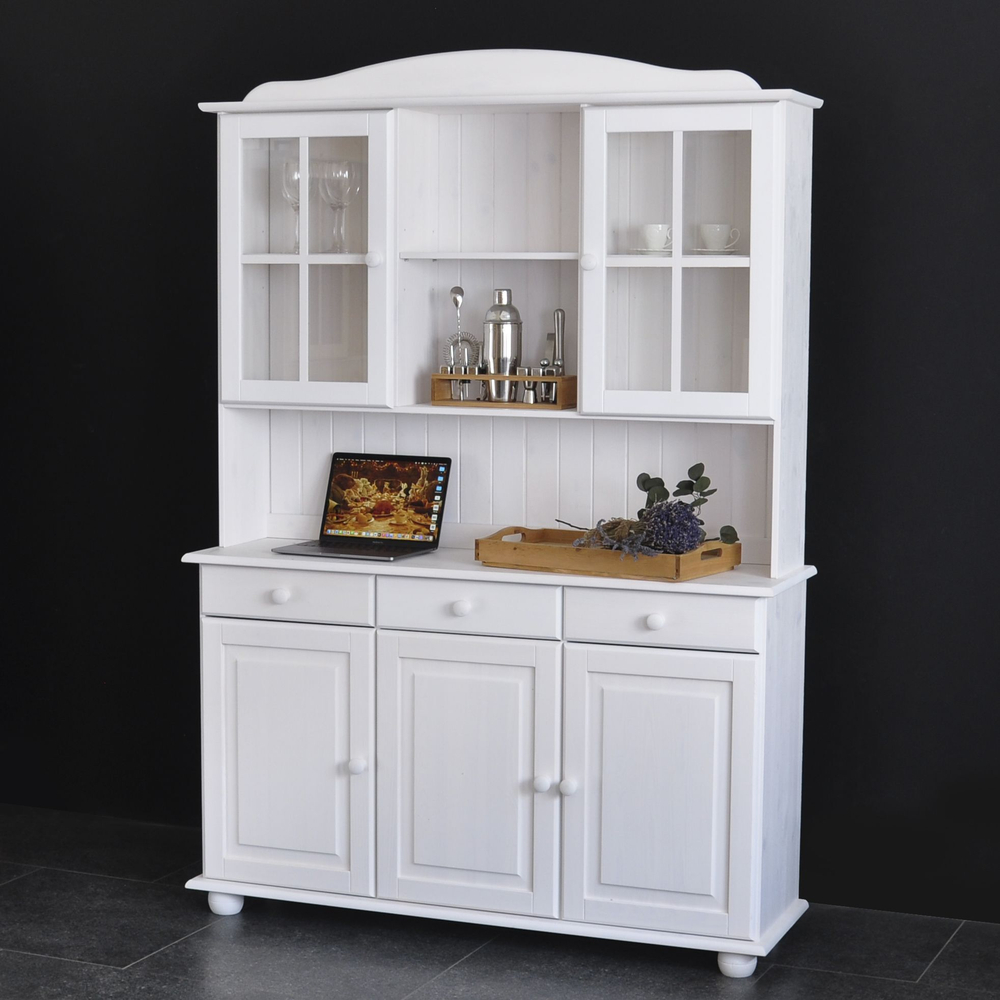 Шкаф витрина Лена трехдверный 132х39х192 см из массива сосны / буфет для кухни, белый