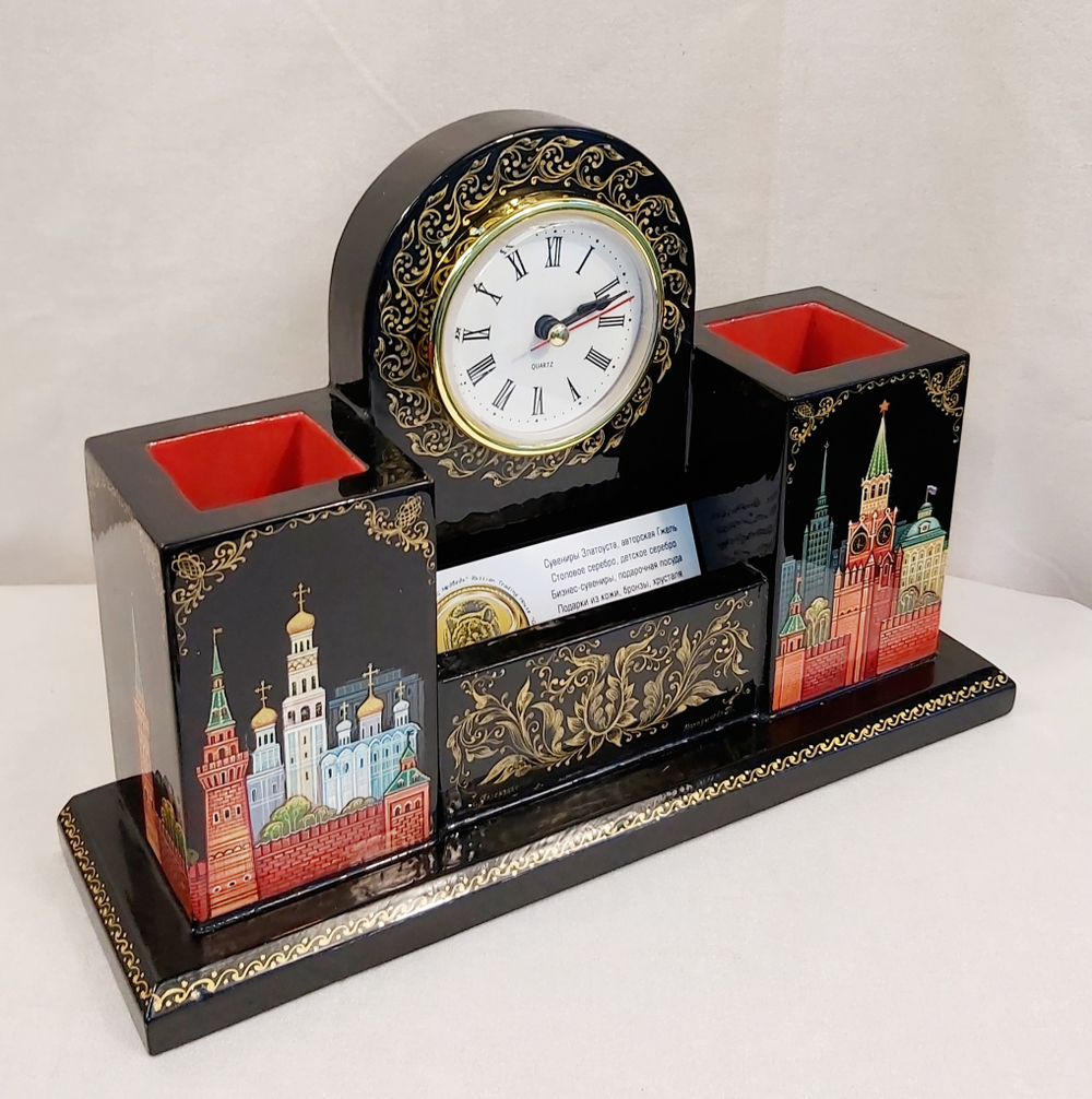 Настольный набор с часами с ручной росписью Палех "Москва " №2
