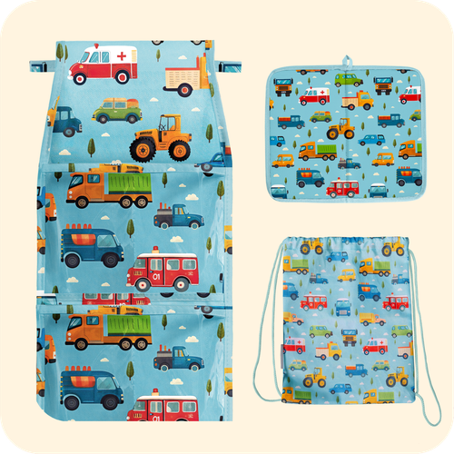 Набор для детского сада: кармашек, коврик, мешок. Машинки принт