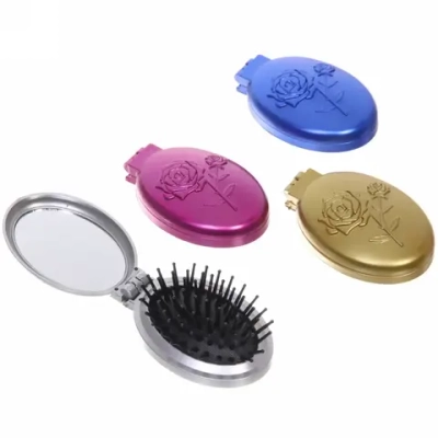 Расческа для волос массажная складная с зеркалом «Beauty Room», овал, узор розочка, микс 4 цвета, 9*5,5см