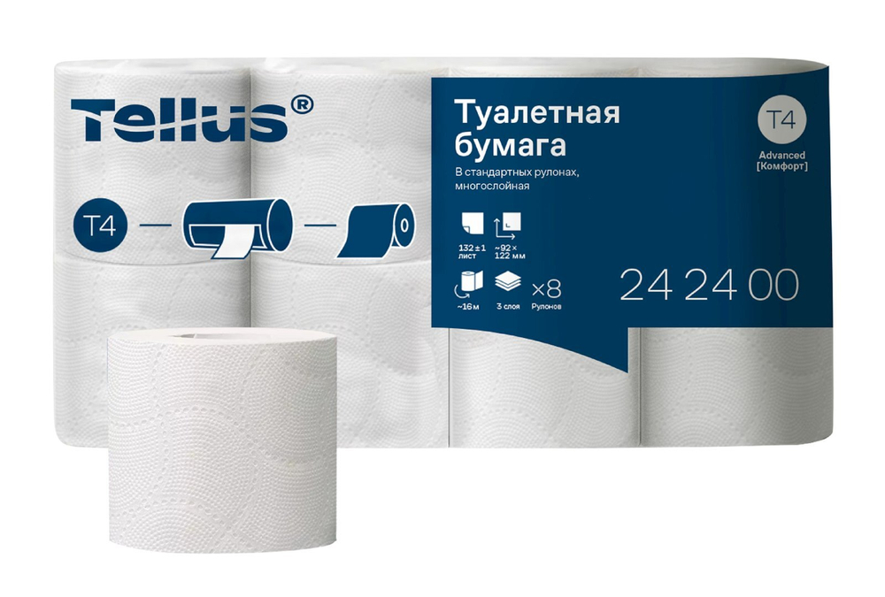 Туалетная бумага Tellus Комфорт T4 22400, 3-слойная, белая, 8 рулонов в упаковке