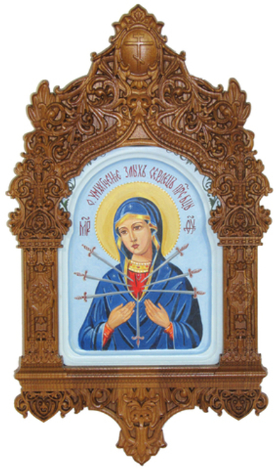 Рукописная икона Образ Божией Матери Умягчение злых сердец на кипарисе 20х15см в резном киоте