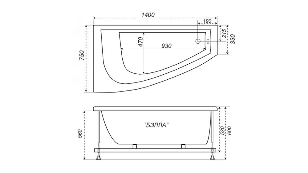 Ванна Бэлла-правая 140х75 Экстра комплект (с сифоном) + каркас