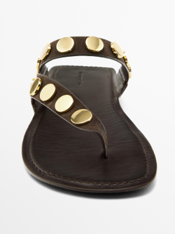 Massimo Dutti Сандалии из натуральной кожи с заклепками, коричневый